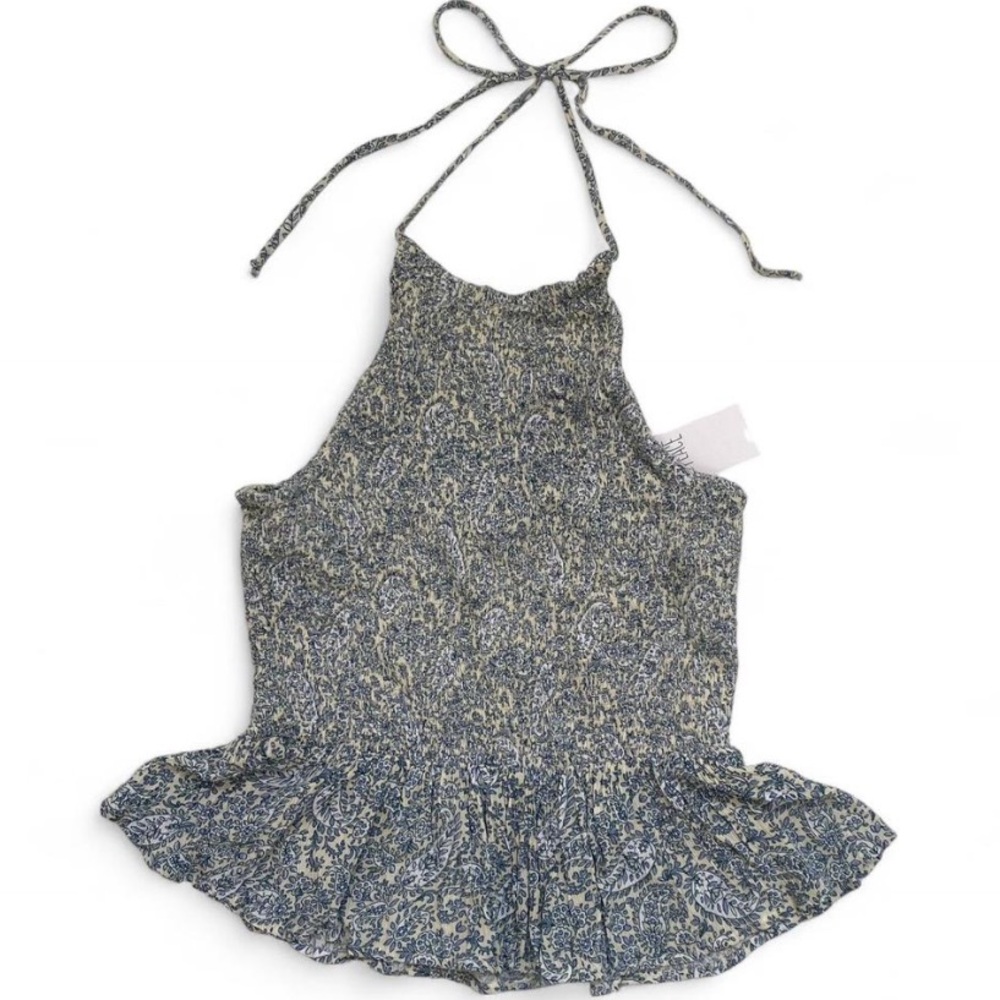 Smocked Halter Peplum Tank Top in Blue Floral